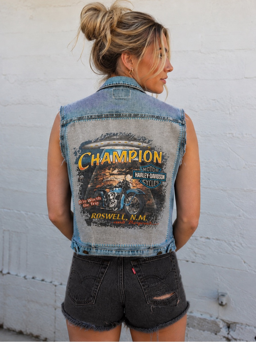 Harley-Davidson Denim Vest with Champion Roswell Back Graphic | Size Medium